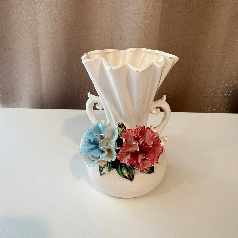 Vintage Japan White Ceramic Vase Ruffled Rim Pink Blue Applied Floral Flowers